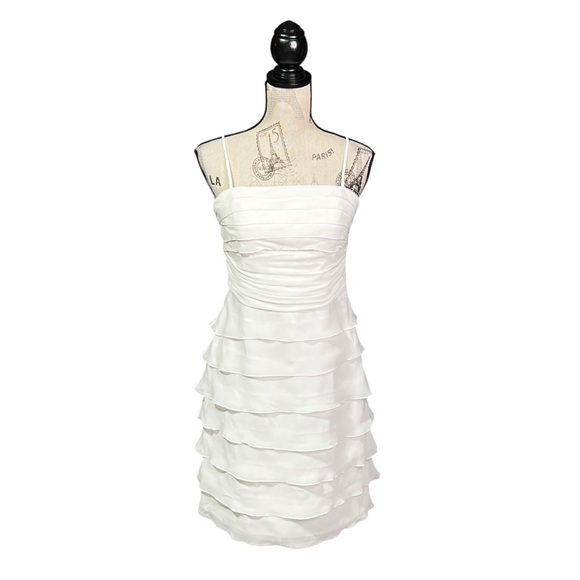 White Ruffled Tiered Spaghetti Strap Mini Dress built in bra support - Picture 2 of 5
